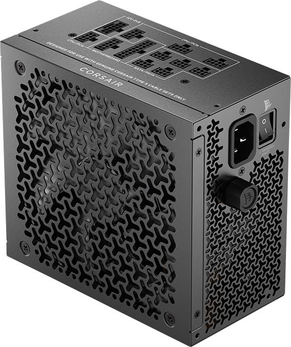 Eine schwarze Computer-Netzteileinheit mit mehreren Anschlüssen und einem Lüfter, gekennzeichnet mit der Marke 'Corsair'. Geeignet für Desktop-Computeraufbauten.