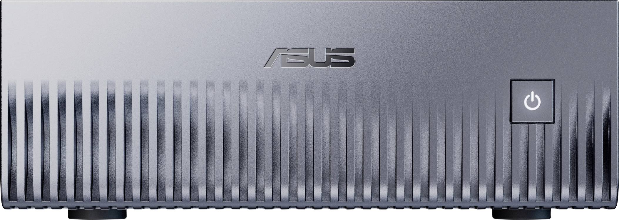 Ein kompakter Asus Mini-Desktop-Computer mit einem Einschaltknopf auf der Vorderseite, der ein schlankes, geripptes Metallic-Design aufweist.