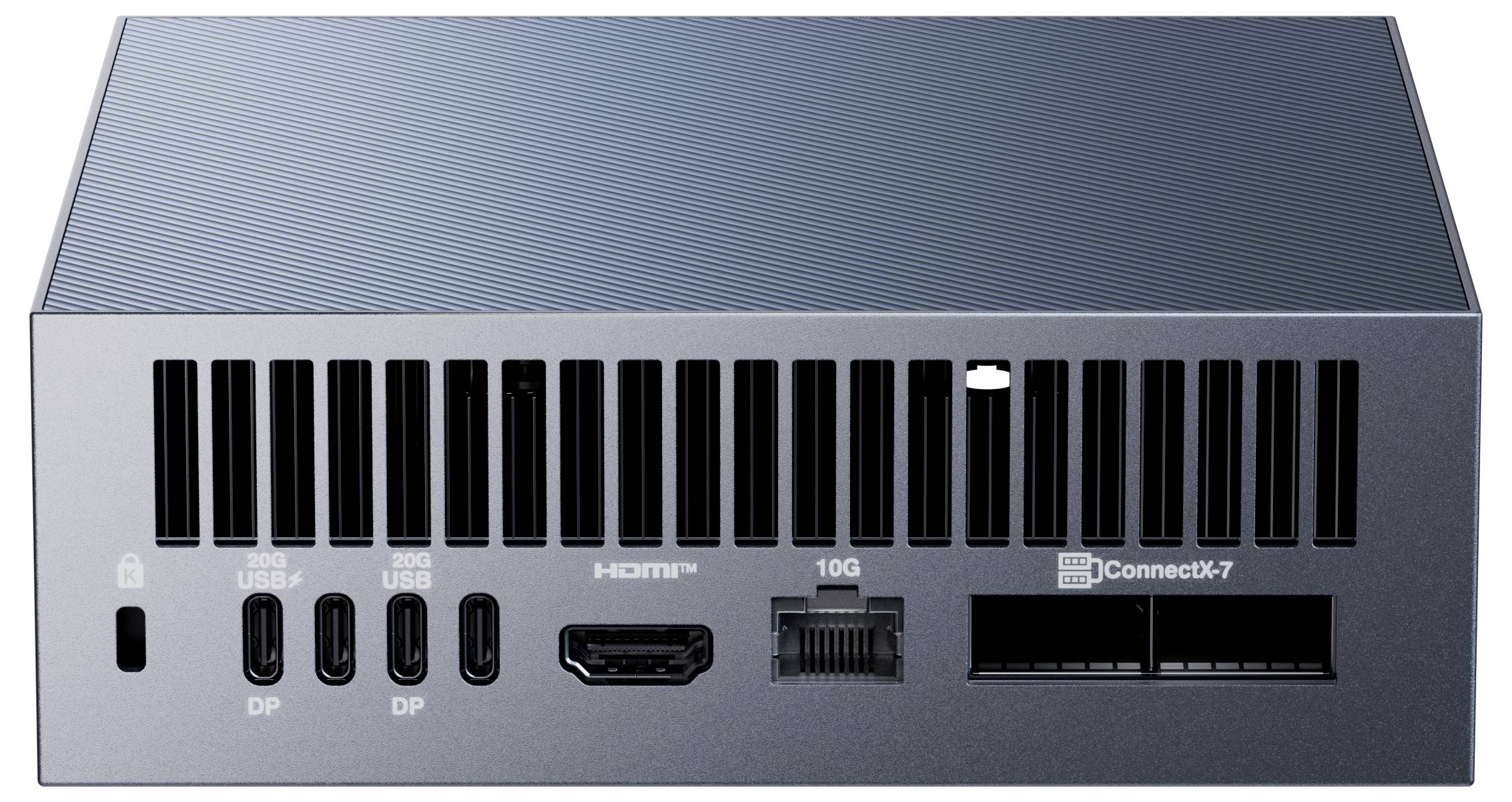 Ein schlankes schwarzes Computermodul mit mehreren Anschlüssen, darunter USB, HDMI und Ethernet-Verbindungen, das die Konnektivitätsoptionen betont.