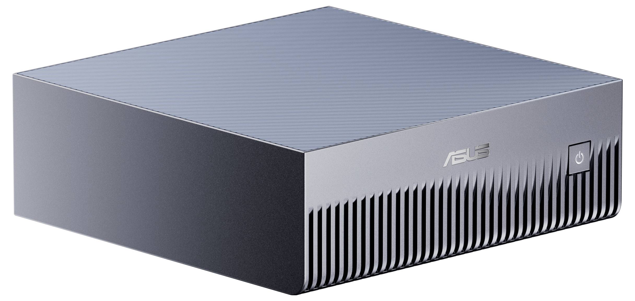 Ein kleiner, quadratischer ASUS-Computer, matt schwarz mit reflektierender Oberfläche. Er verfügt über einen Einschaltknopf an der Vorderseite.