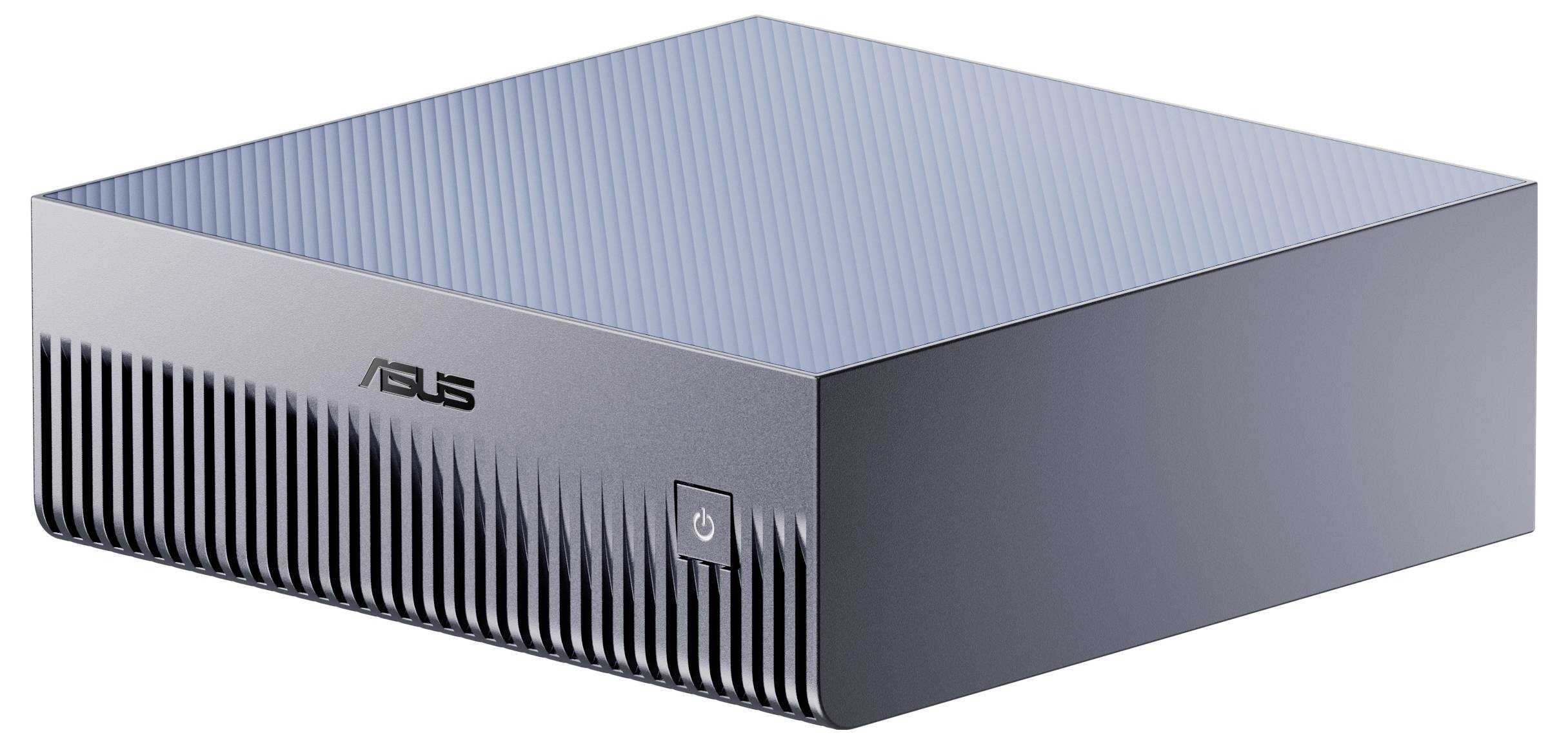 Ein kompakter, stilvoller ASUS Desktop-Mini-PC mit einem glänzenden, gerippten Gehäuse und einer Einschalttaste an der Frontseite, ideal für platzsparende Einrichtungen.