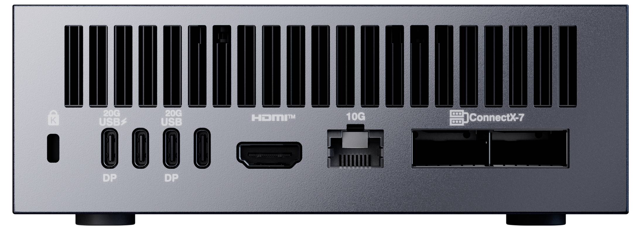 Elektronisches Gerät von hinten, mit zwei 200G USB4-Anschlüssen, drei DisplayPorts, HDMI, 10G Ethernet und zwei ConnectX-7-Steckplätzen.