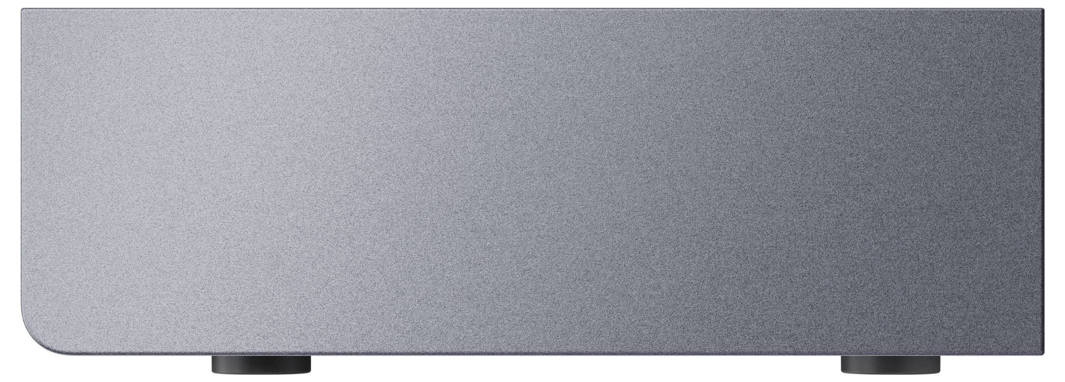 Eine schlichte, minimalistische silber-graue Metallbox mit strukturierter Oberfläche, auf zwei kleinen runden Beinen stehend, vor einem weißen Hintergrund.