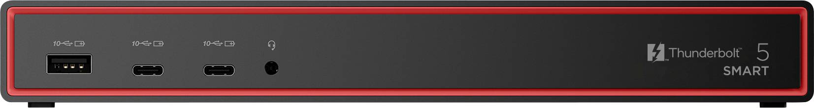 Ein schwarzes elektronisches Gerät weist mehrere Anschlüsse auf, darunter USB und Thunderbolt 5, mit dem Text 'Thunderbolt 5 SMART' auf der Vorderseite.