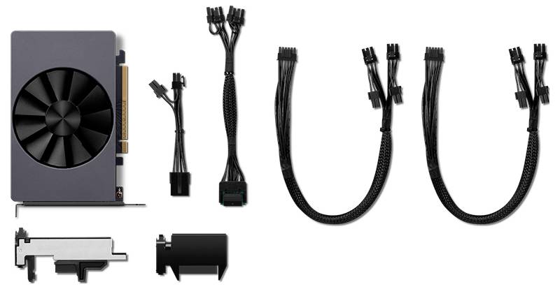 Bild einer Computer-GPU mit Kühlventilator, Stromanschlüssen, Befestigungshalterung und Kabeln für Installation und Anschluss an ein Netzteil.