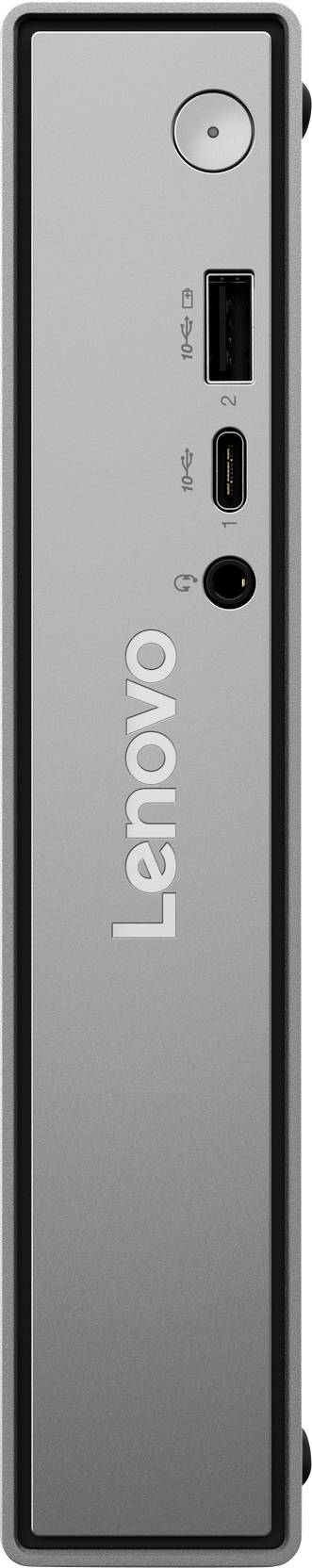 Eine vertikale Ansicht eines kompakten Lenovo-Geräts, das Anschlüsse wie USB-A, USB-C, Kopfhörerbuchse und einen Einschaltknopf auf dem Frontpanel zeigt.