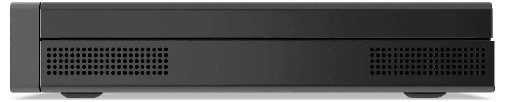 Ein schwarzes rechteckiges elektronisches Gerät mit belüfteten Löchern in der unteren Hälfte, möglicherweise ein Set-Top-Box oder eine Konsole, von vorne betrachtet.