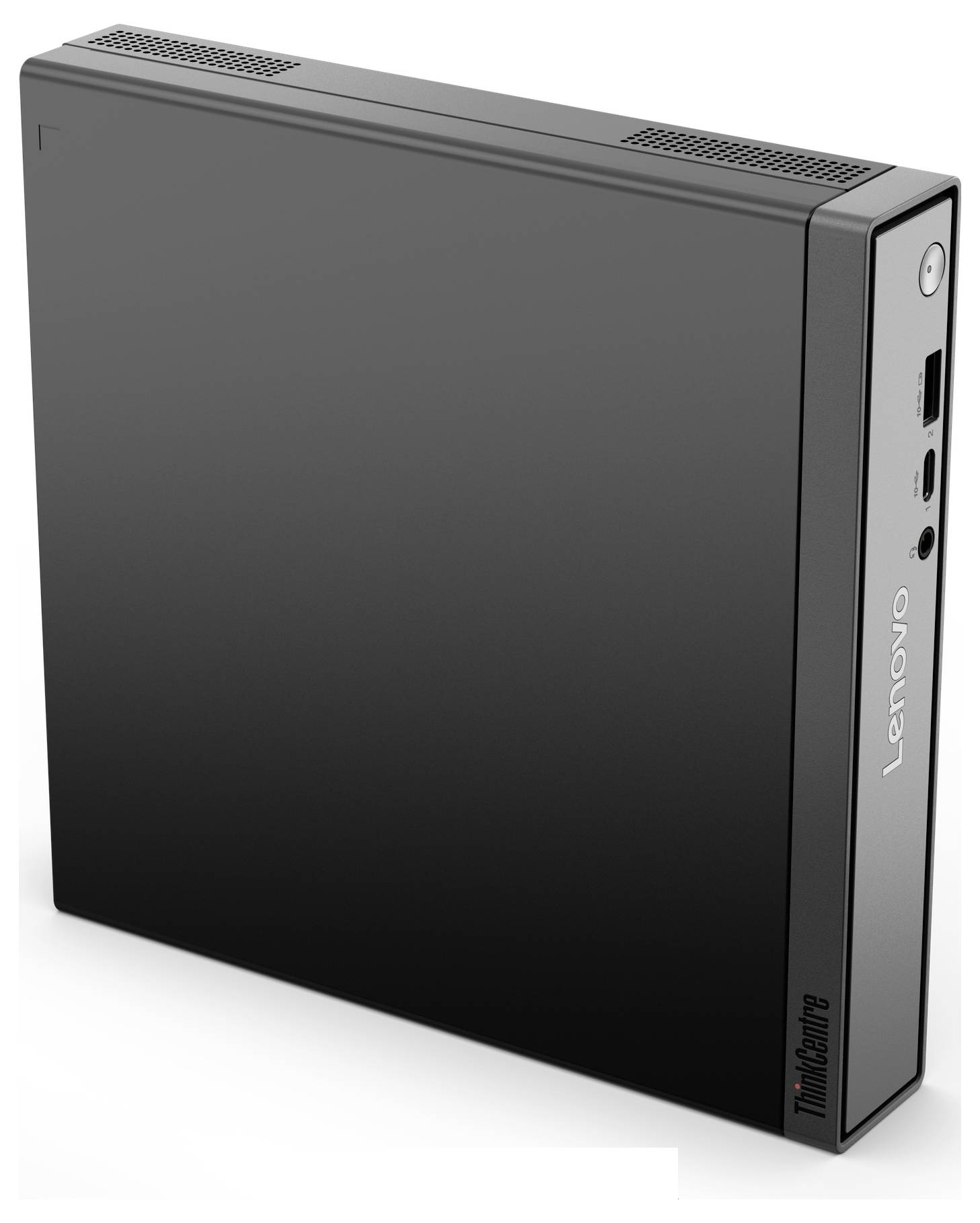 Ein schlanker schwarzer Desktop-Computertower mit Lenovo-Branding, mit Belüftungsöffnungen an den Seiten und Anschlüssen am Frontpanel für Konnektivität.