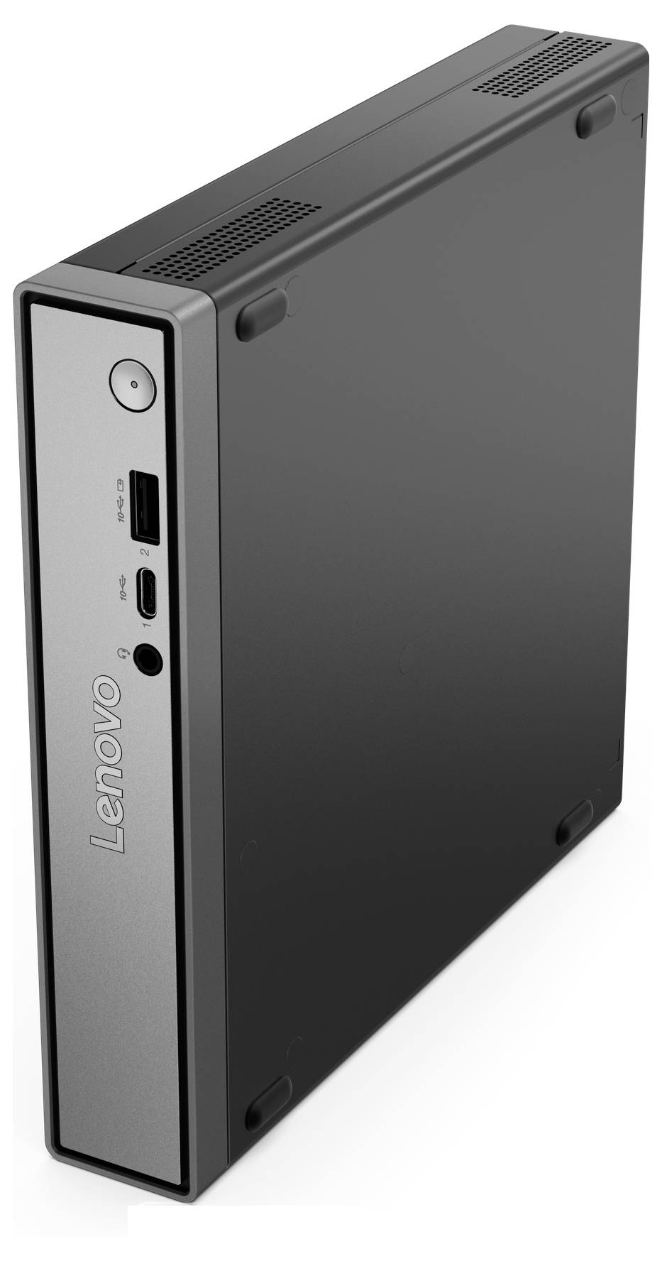 Ein kleiner, schlanker schwarzer Lenovo ThinkCentre Desktop-Computer mit mehreren Anschlüssen auf dem Frontpanel, der in vertikaler Ausrichtung gezeigt wird.