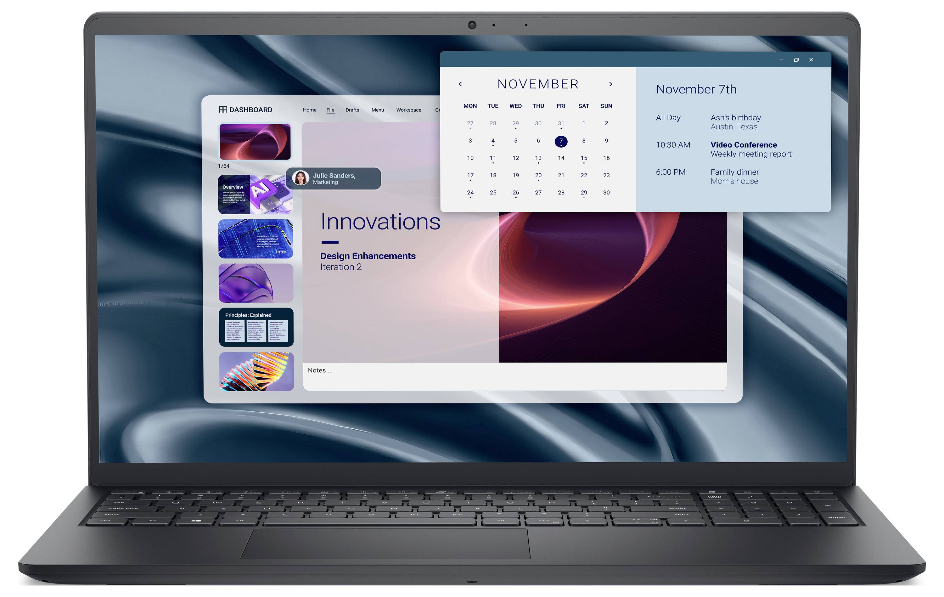 Ein Laptop zeigt ein Dashboard mit einem geöffneten 'Innovationen'-Abschnitt und einem darüber schwebenden Novemberkalender, der ein Ereignis am 7. November zeigt.