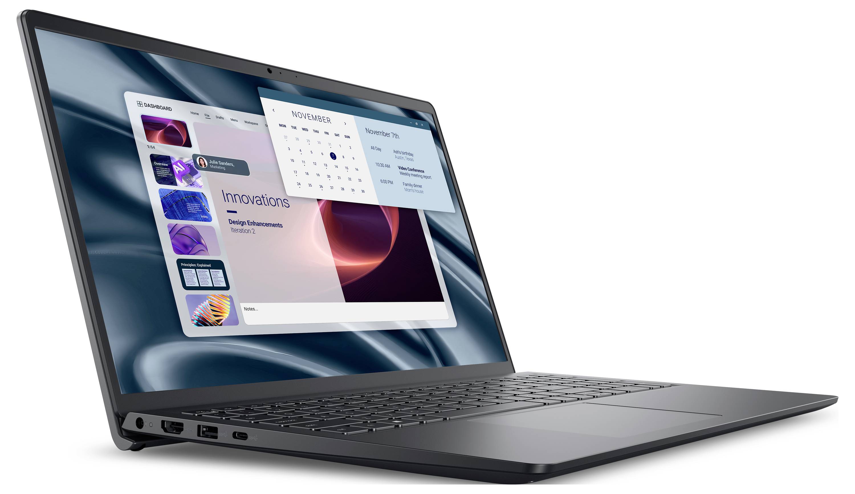 Ein schlankes schwarzes Laptop, das eine Designpräsentation auf dem Bildschirm zeigt, mit verschiedenen farbenfrohen Grafiken und einer Kalenderoberfläche für November.
