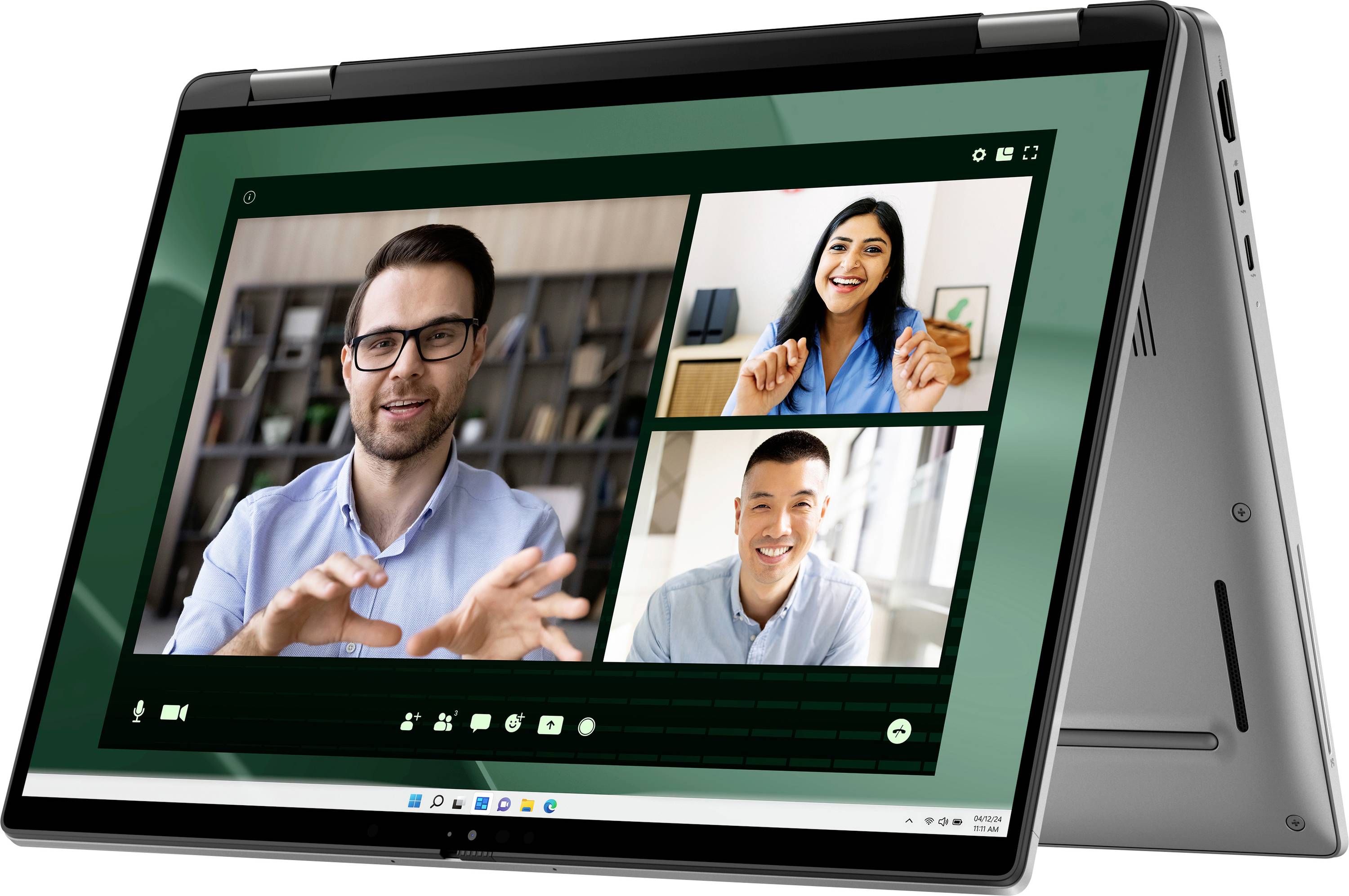 Ein Laptop im Tablet-Modus zeigt einen Videoanruf mit drei lächelnden und sprechenden Personen und unterstreicht damit Kommunikation und Zusammenarbeit.