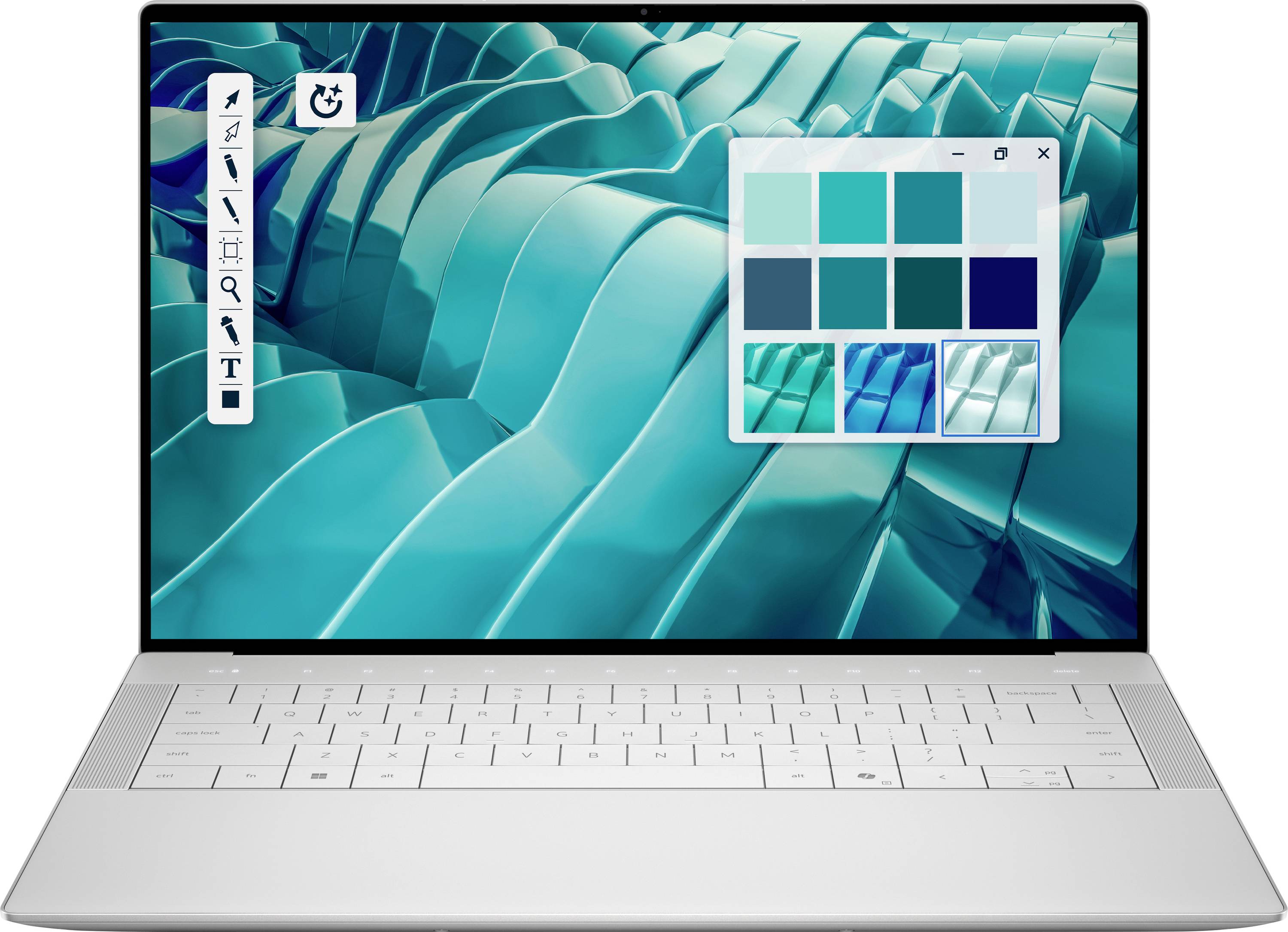 Ein Laptop, der eine Stift-Symbolleiste und eine Farbpalette auf einem Bildschirm mit einem gewellten, türkisfarbenen geometrischen Muster zeigt.