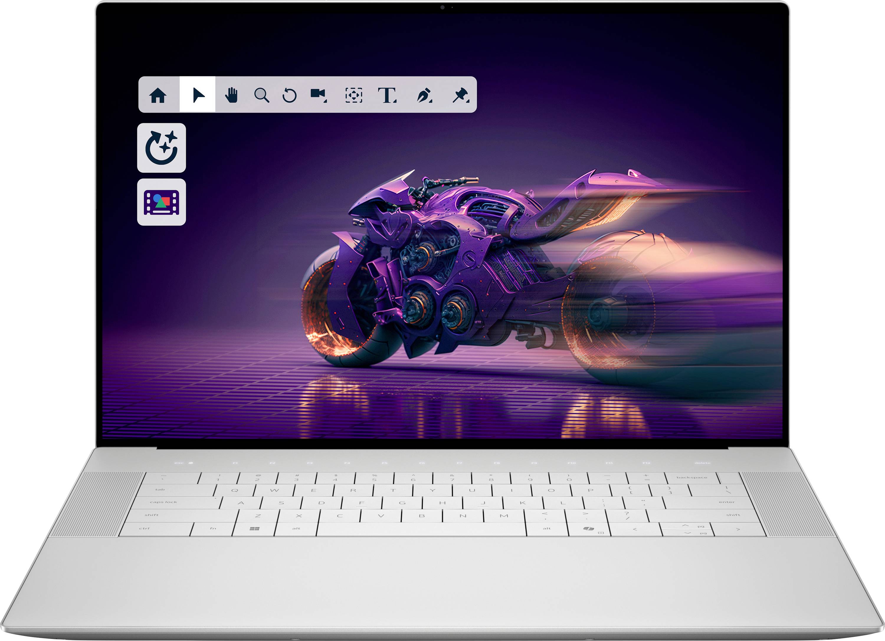 Ein Laptop, der ein futuristisches Motorraddesign auf dem Bildschirm zeigt, mit einer eleganten, violetten und aerodynamischen Erscheinung, die Geschwindigkeit und Innovation andeutet.