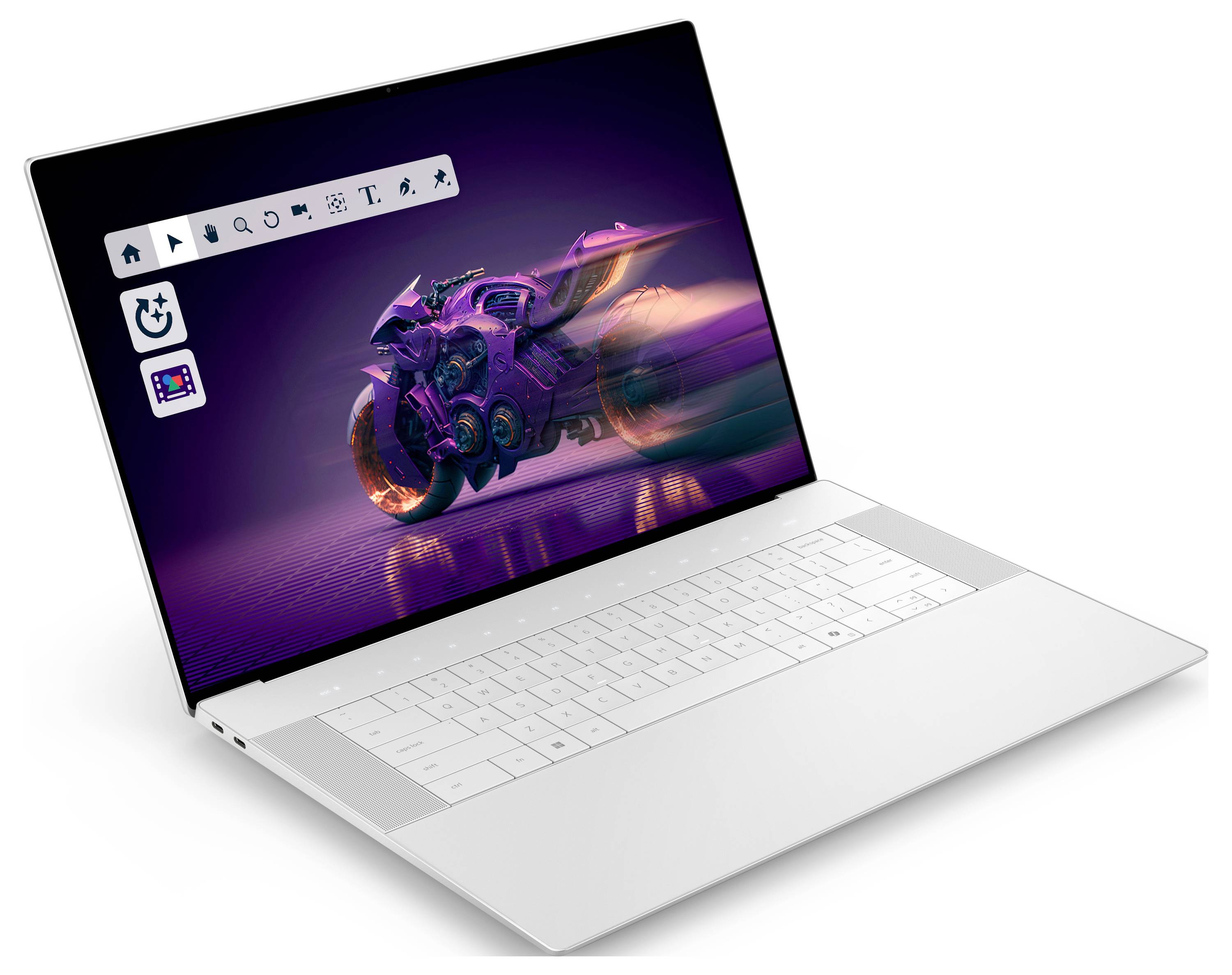 Ein schlanker silberner Laptop, auf dessen Bildschirm eine digitale Grafik eines futuristischen Motorrads zu sehen ist, mit grafischen Bearbeitungswerkzeugen, die darüber sichtbar sind.