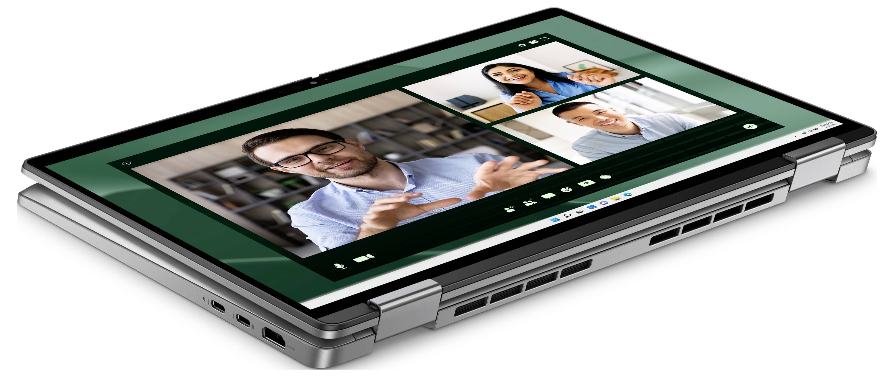 Ein Convertible-Laptop im Tablet-Modus zeigt einen Videoanruf mit vier Personen, die auf dem Bildschirm kommunizieren.