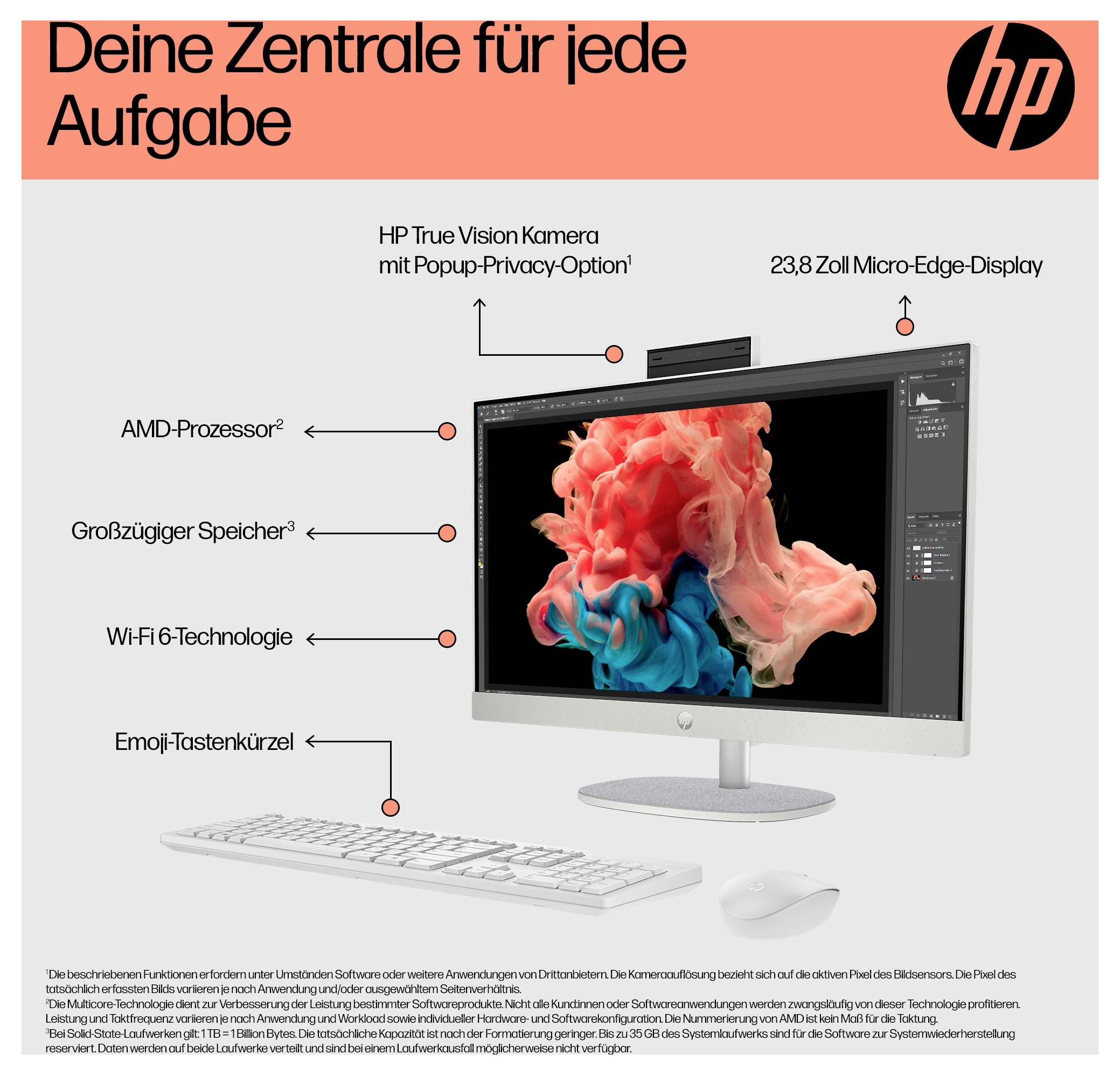 HP All-in-One PC AIO 24-cr0002ng 60.5cm (23.8 Zoll) Full HD AMD Ryzen 5 7520U 4.3GHz 8GB RAM 512GB SSD AMD Radeon Graphics Win 11