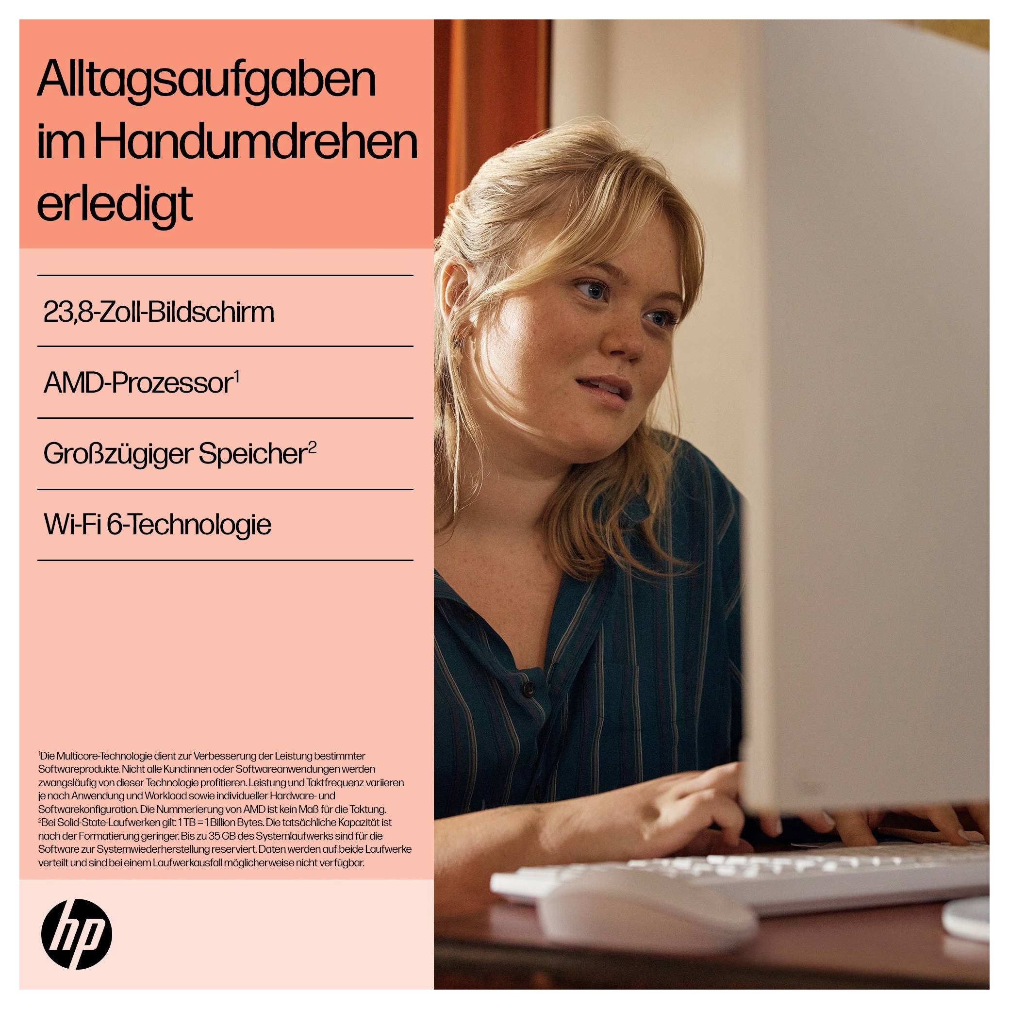 HP All-in-One PC AIO 24-cr0002ng 60.5cm (23.8 Zoll) Full HD AMD Ryzen 5 7520U 4.3GHz 8GB RAM 512GB SSD AMD Radeon Graphics Win 11