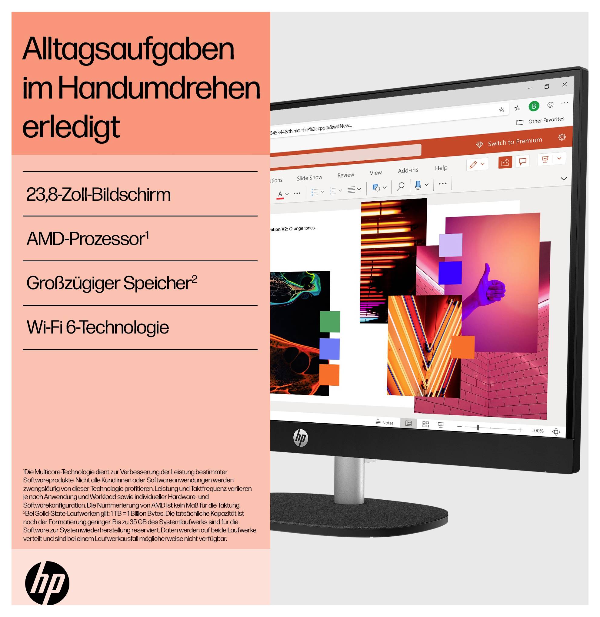 HP All-in-One PC AIO 24-cr0002ng 60.5cm (23.8 Zoll) Full HD AMD Ryzen 5 7520U 4.3GHz 8GB RAM 512GB SSD AMD Radeon Graphics Win 11