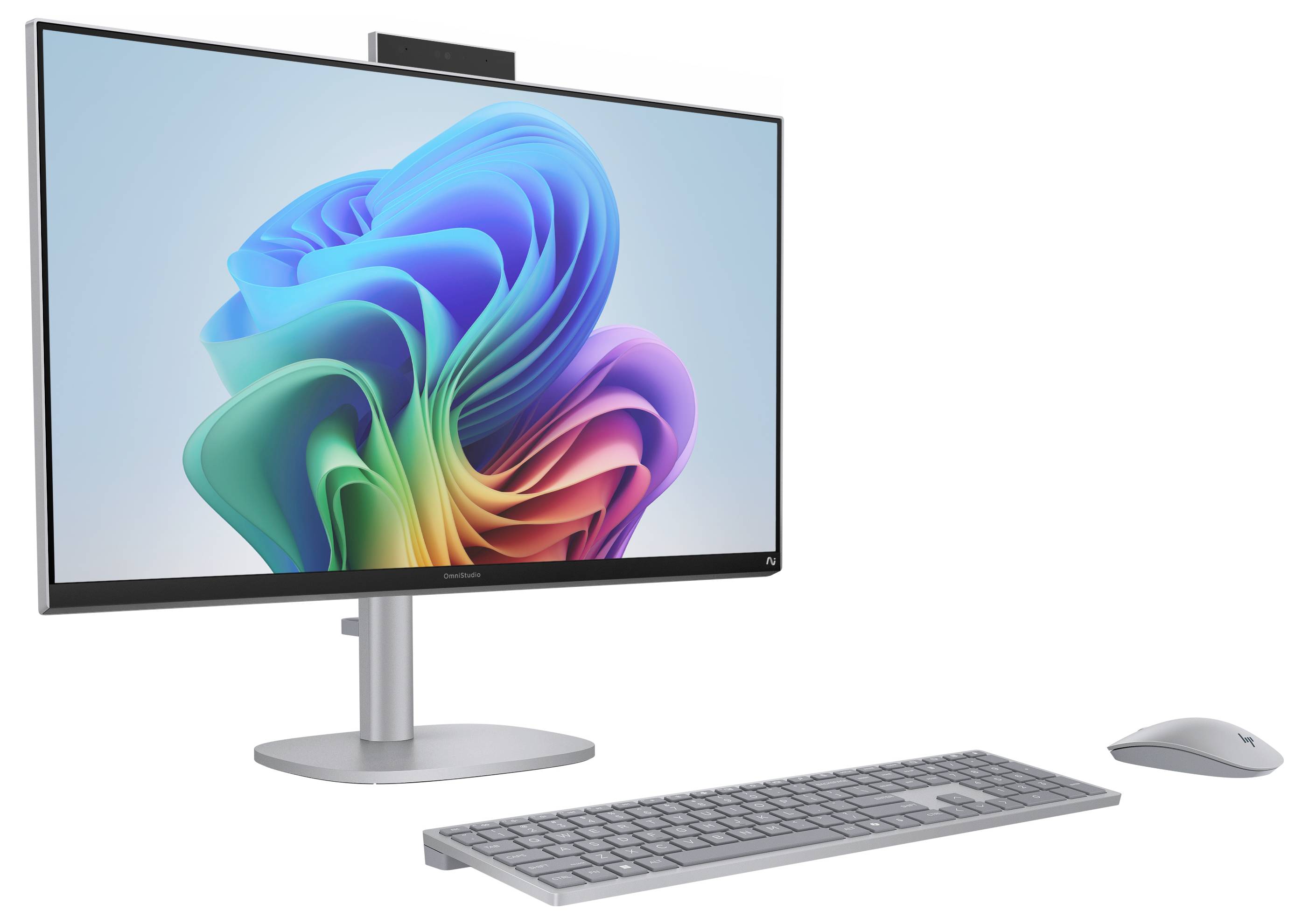 Eine elegante Computereinrichtung mit einem großen Monitor, auf dem bunte abstrakte Kunst zu sehen ist, mit einer Tastatur und einer Maus auf einem minimalistischen Schreibtisch.