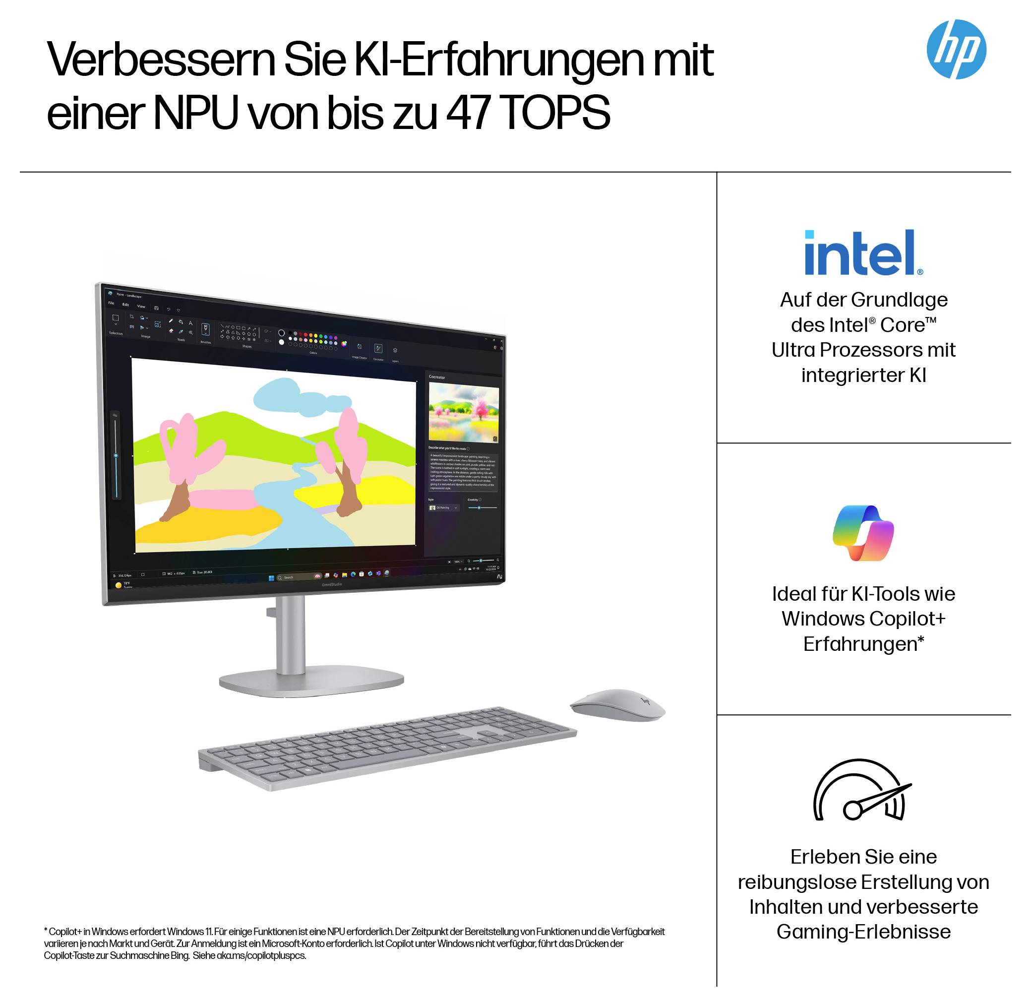 Ein Computer-Setup mit Text, der KI-Erlebnisse mit einem Intel-Prozessor bewirbt, der bis zu 47 TOPS NPU bietet. Es hebt Kollaborationsfunktionen hervor.