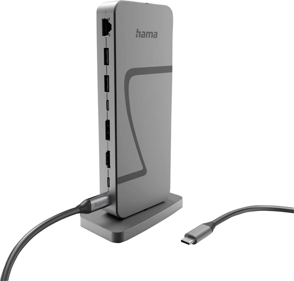 Eine vertikale Dockingstation mit mehreren USB-Anschlüssen und einem Ethernet-Port, die mit einer Basis verbunden ist und ein Kabel nach außen führt.