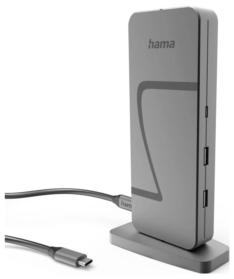 Eine vertikale Dockingstation mit mehreren USB-Anschlüssen und einem angeschlossenen Kabel, mit dem Etikett 'hama', entwickelt zum Anschluss verschiedener Geräte.