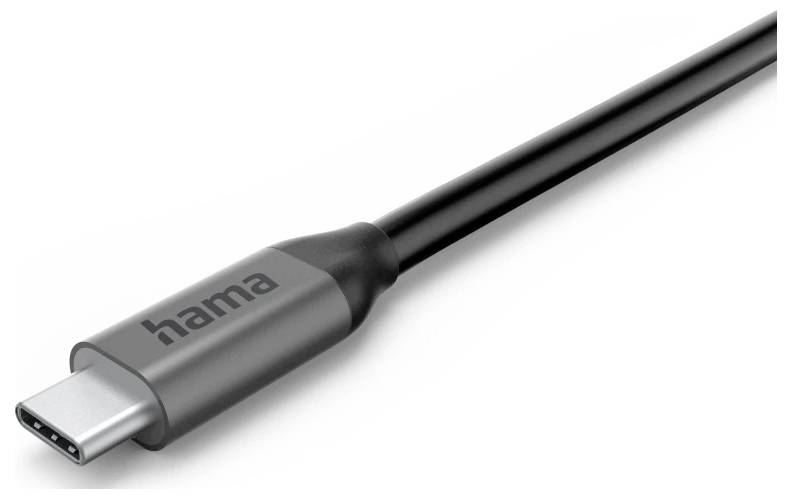 Ein schwarzes USB-C-Kabel mit einem metallischen Anschluss, auf dessen Seite das Logo „hama