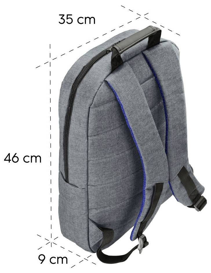 Grauer Rucksack in Profilansicht mit gekennzeichneten Abmessungen: 46 cm Höhe, 35 cm Breite und 9 cm Tiefe.
