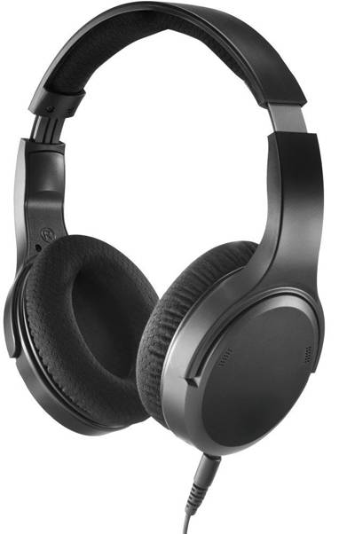 Ein Paar schwarze Over-Ear-Kopfhörer mit gepolsterten Ohrmuscheln und angeschlossenem Kabel, entwickelt für persönlichen Audiokonsum.