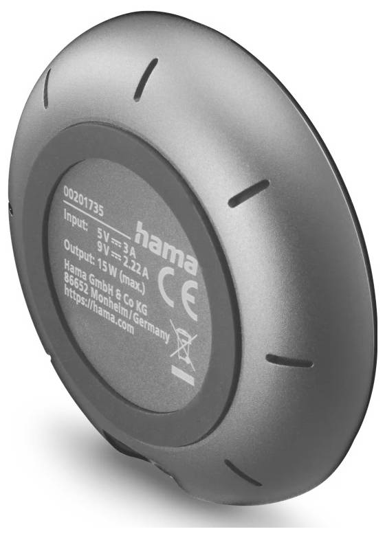 Ein kreisförmiges drahtloses Ladegerät mit grauer Oberfläche, gekennzeichnet mit Eingangs- und Ausgangsspezifikationen: 5V⎓3A, 9V⎓2.2A, Ausgang 15W max.