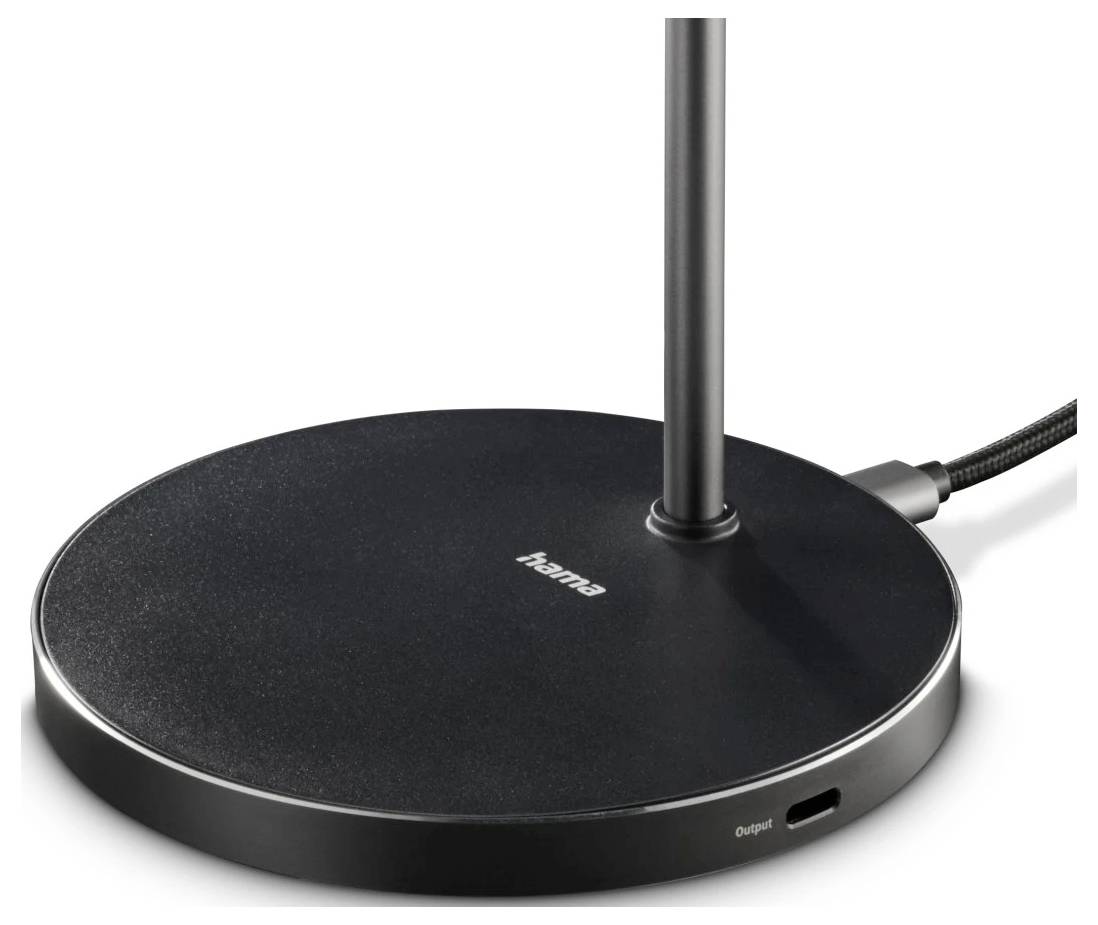Eine kreisförmige schwarze Ladestation mit 'hama' Logo, ausgestattet mit einer zentralen Säule und einem seitlichen USB-C-Eingang. Wirkt schlicht und modern, entwickelt zum Aufladen von Geräten.