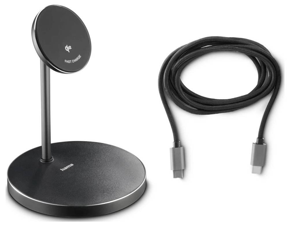 Schwarzer drahtloser Ladegerät-Ständer mit elegantem Metallrahmen und runder Basis, zusammen mit einem USB-C-Ladekabel.