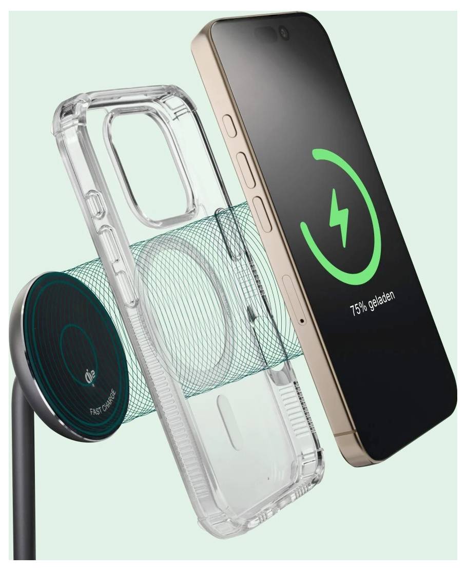 Ein Smartphone mit einem Ladedisplay auf dem Bildschirm, das '73% geladen' anzeigt. Das Handy lädt kabellos auf einem Ständer, neben einer durchsichtigen Hülle.