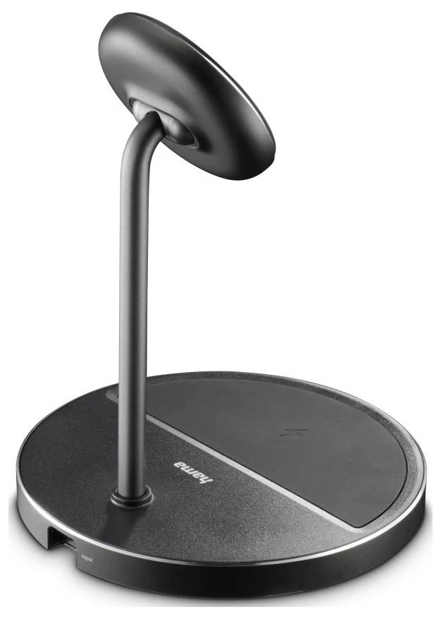 Kabelloses Ladegerät mit elegantem Design in Schwarz, ausgestattet mit einer runden Basis und einem vertikalen Ladepad für Geräte.