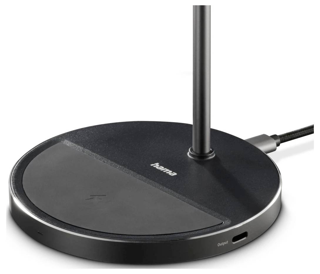 Ein schwarzer Hama Wireless Charging Ständer mit Ladeanschluss und einer aufrechten Säule zur Geräteunterstützung.