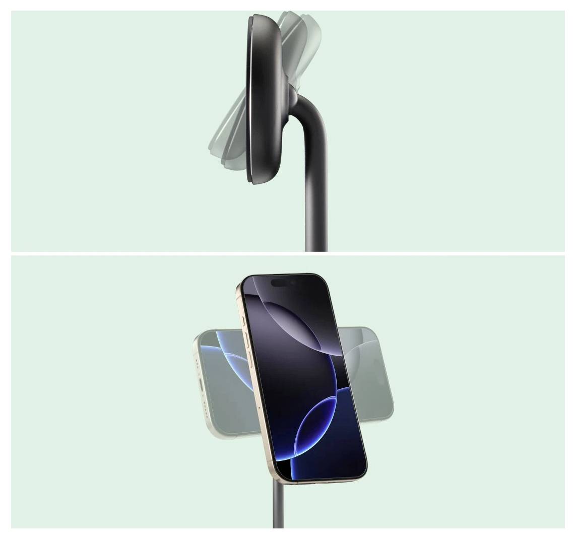 Ein Telefon ist auf einem schlanken, geneigten Ständer mit Drehfunktion montiert und demonstriert so seine Flexibilität und minimalistisches Design.