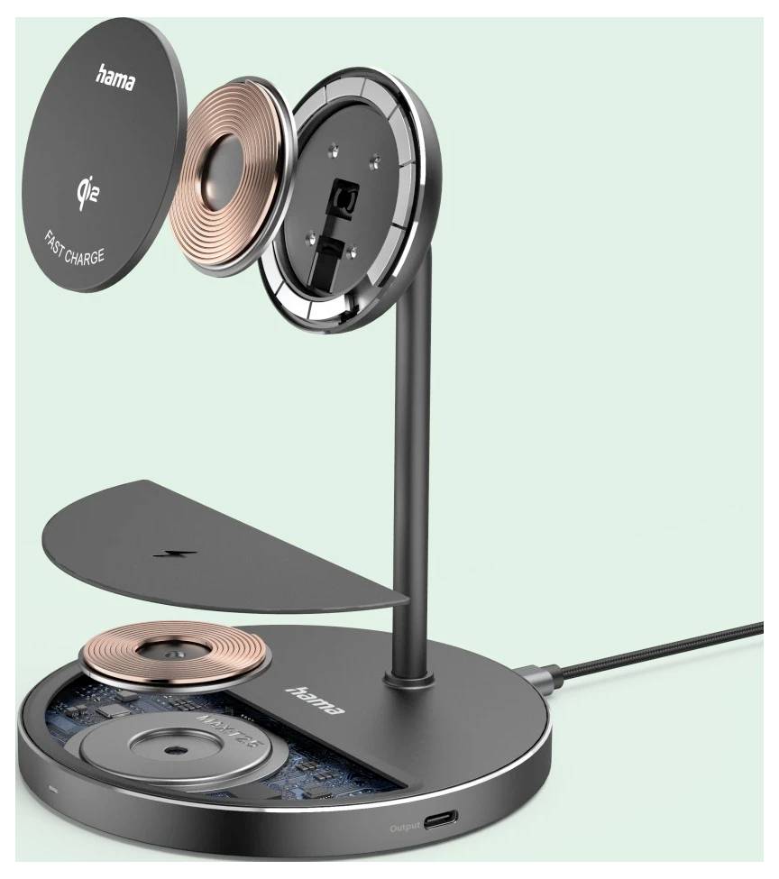 Schwarzer Hama-Wireless-Schnellladegerät-Ständer mit freiliegenden internen Spulen, der vertikale und horizontale Telefonladefunktionen zeigt.