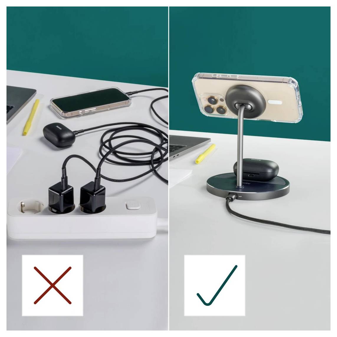 Zwei Bilder vergleichen Methoden zum Aufladen von Telefonen: Links ist ein unordentlicher Schreibtisch mit verhedderten Kabeln zu sehen; rechts ein aufgeräumter Schreibtisch mit einer kabellosen Ladestation.