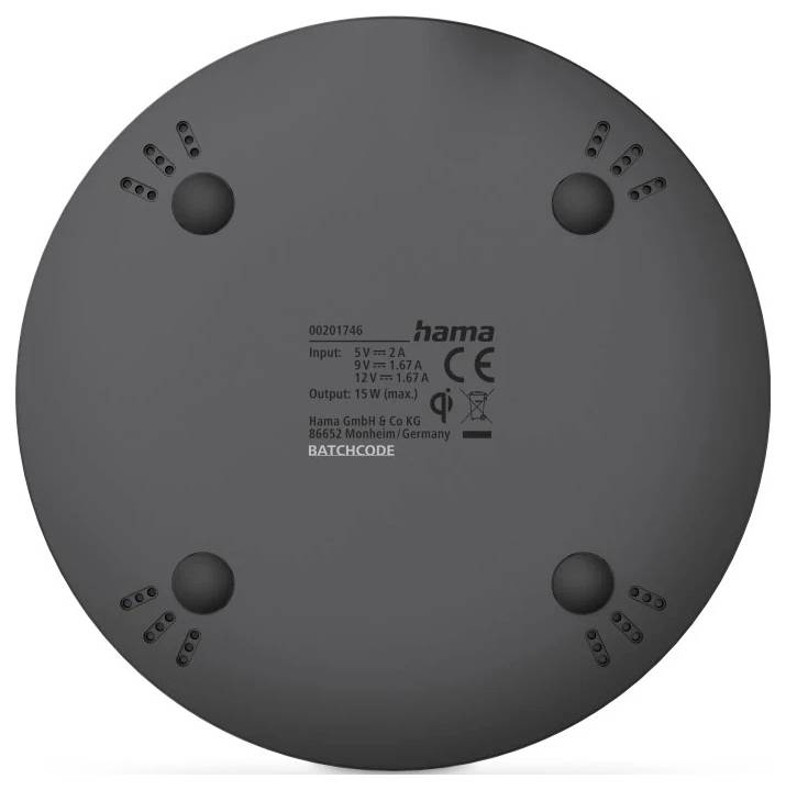 Das Bild zeigt die Unterseite eines drahtlosen Ladegeräts mit folgenden Spezifikationen: Eingang 5V-2A, 9V-1,67A, Ausgang 15W max, Marke Hama.