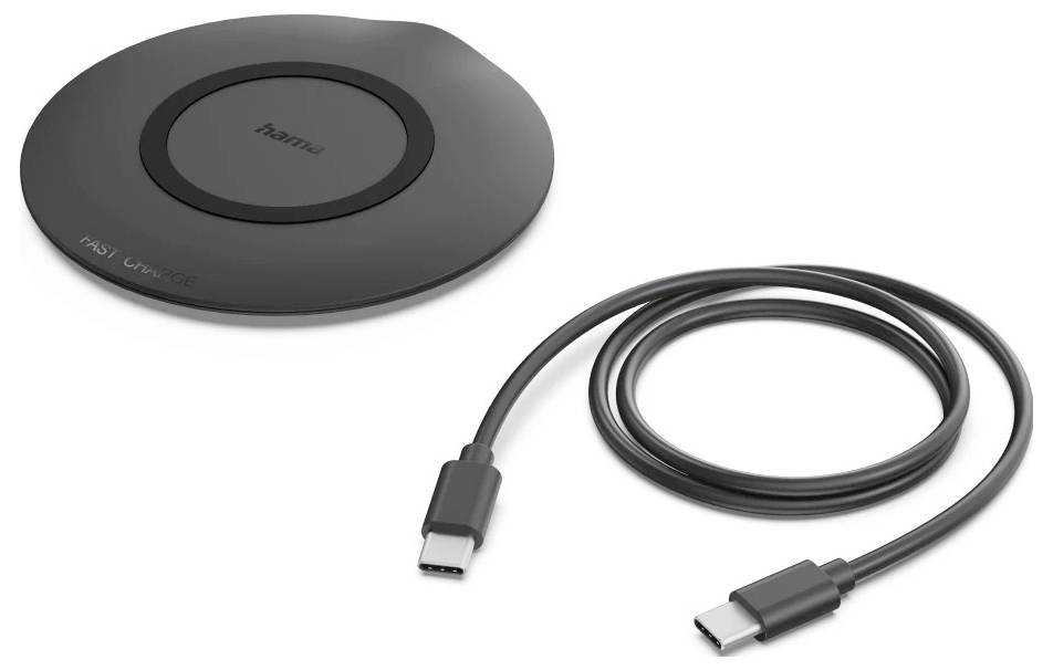 Ein runder schwarzer drahtloser Ladepads mit 'Hama' Branding, zusammen mit einem USB-C zu USB-C Kabel, was Konnektivität und Stromübertragung anzeigt.