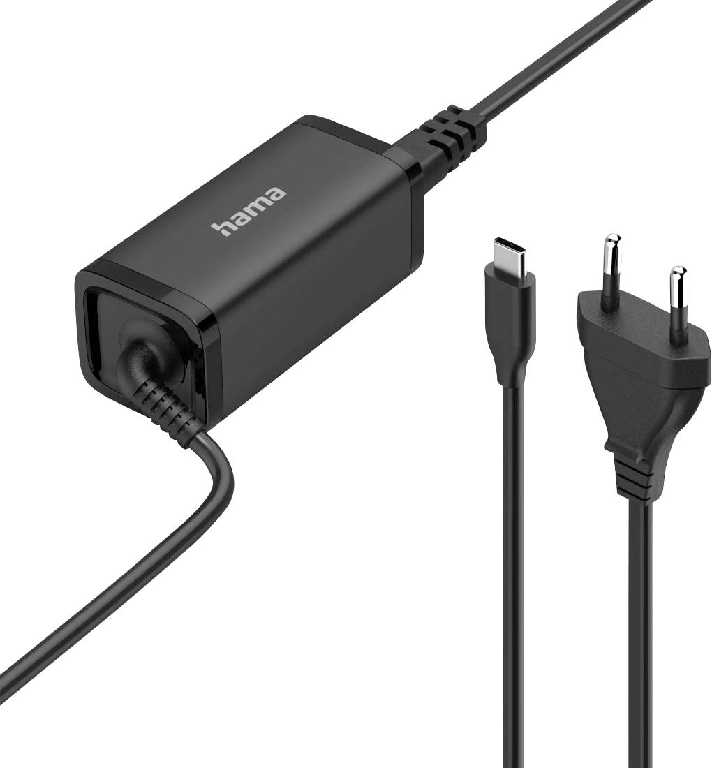 Ein schwarzes USB-C Ladekabel und Ladestecker der Marke 'Hama' mit europäischem Steckertyp.