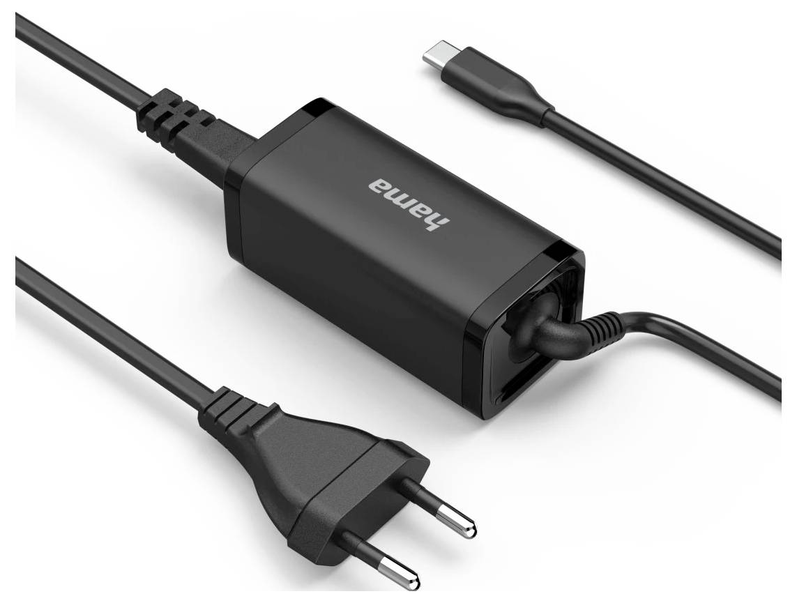 Ein schwarzes Hama-Laptop-Ladegerät mit angeschlossenem Netzkabel und USB-C-Kabel, entwickelt für effizientes Laden mit europäischer Steckerkompatibilität.