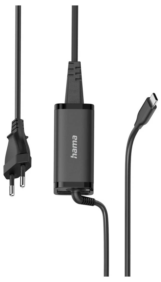Ein schwarzer Hama-Netzteil-Adapter mit europäischem Stecker und USB-C-Anschluss, geeignet zum Aufladen elektronischer Geräte.