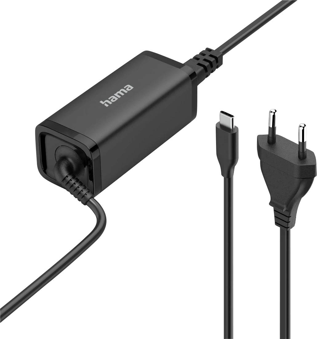 Schwarzer Netzteil der Marke 'Hama' mit USB-C-Stecker und europäischem Zweiphasenstecker, entwickelt zum Aufladen kompatibler elektronischer Geräte.