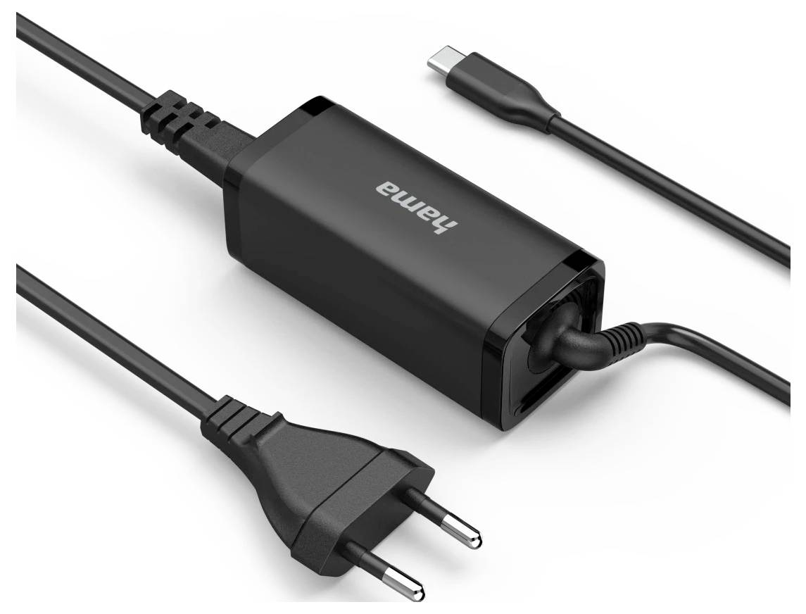Ein schwarzer Hama-Netzteil mit abnehmbarem Stecker und USB-C-Kabel, konzipiert zum Aufladen elektronischer Geräte.