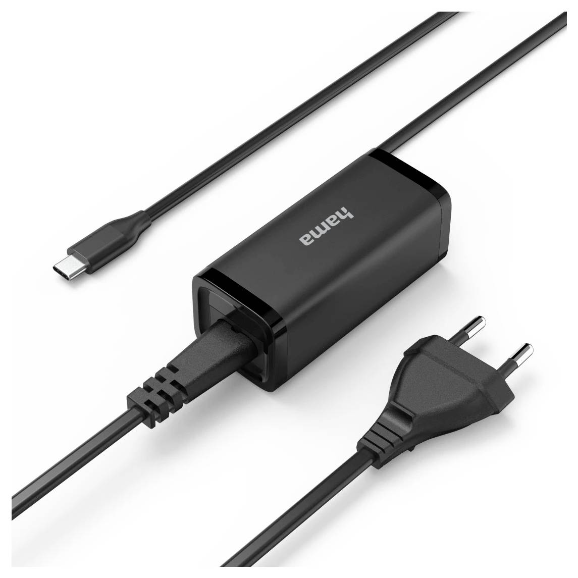Ein schwarzes Hama-Laptop-Ladegerät mit einem USB-C-Anschluss und europäischem Stecker, vor einem weißen Hintergrund platziert.