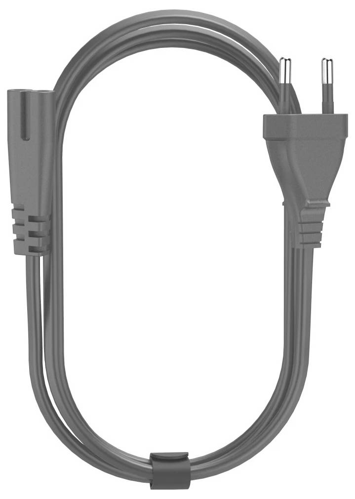 Ein elektrisches Netzkabel mit einem Zweipol-Stecker und einem Anschluss am gegenüberliegenden Ende.