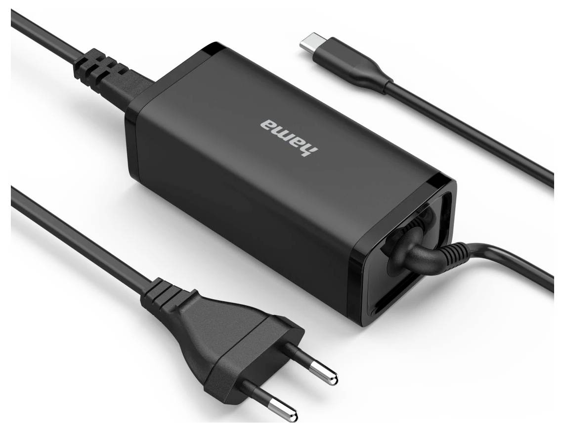 Ein schwarzer Netzteil mit europäischem Stecker und USB-C-Anschluss, mit der Aufschrift 'Hama', entwickelt zum Aufladen verschiedener elektronischer Geräte.