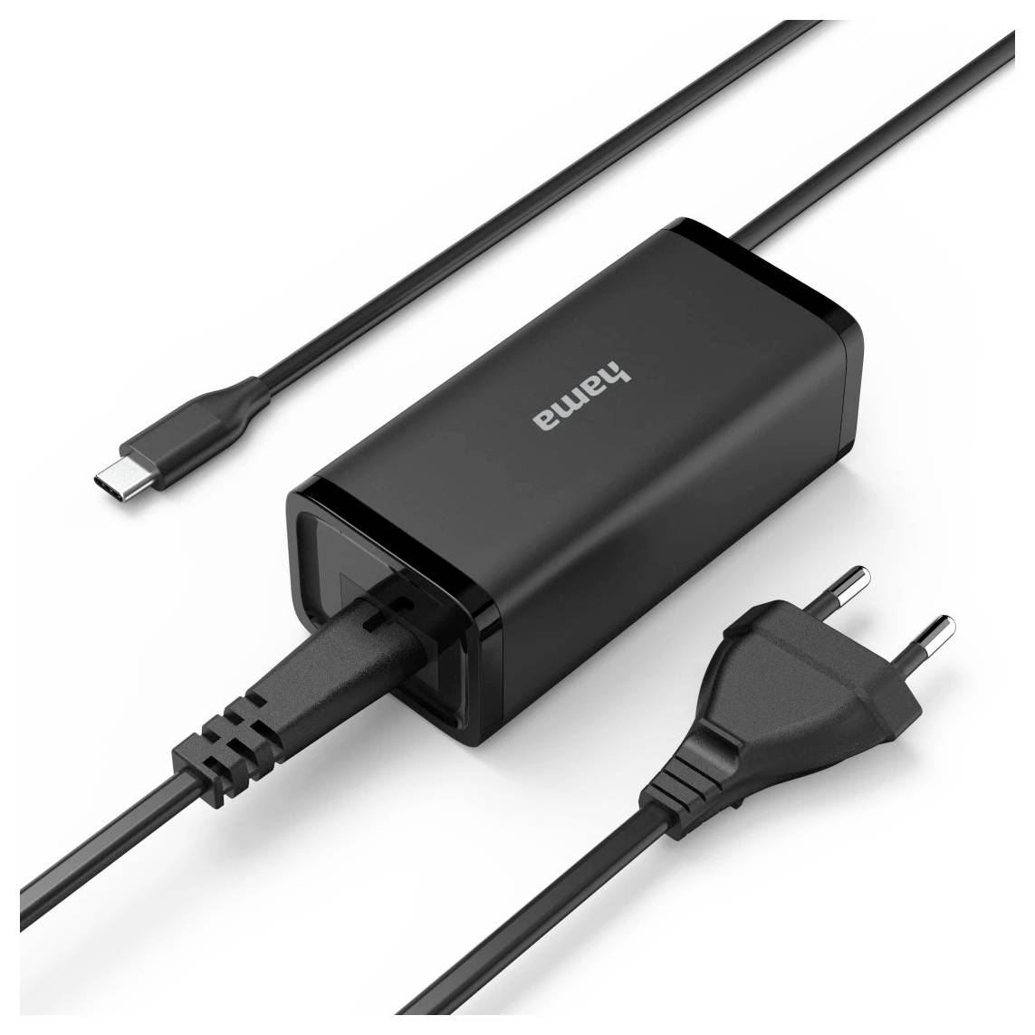 Ein schwarzes USB-C-Ladegerät mit einem europäischen Stecker, beschriftet mit 'Hama', entwickelt zum Laden elektronischer Geräte.